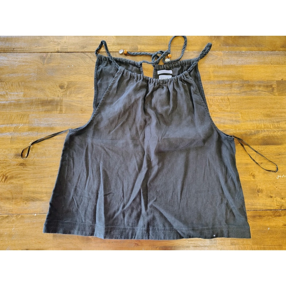 Nicole Miller New York 100% Linen Black Scoop Neck Tie Beaded Cami, L